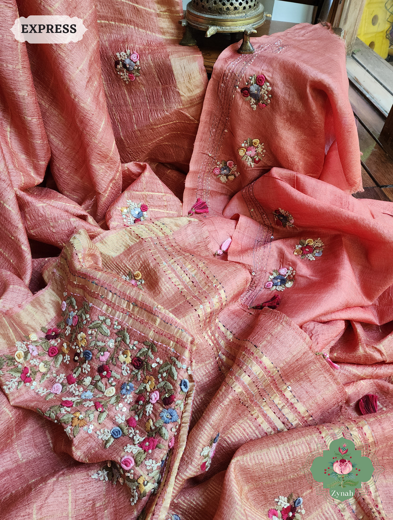 Zynah Peach / Gold Self Checkered Pure Tussar Silk Saree With Frenchknot Hand Embroidery; Custom Stitched/Ready-made Blouse, Fall, Petticoat; SKU: 2908202303