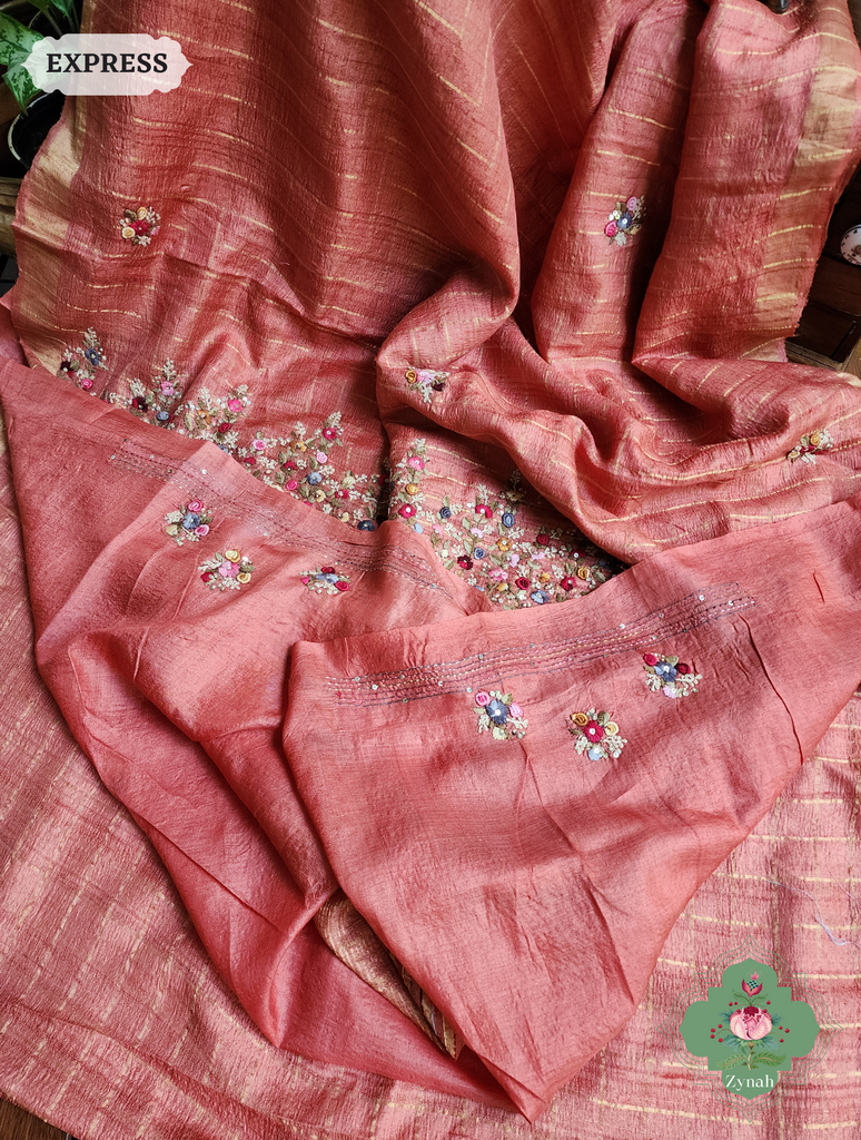 Zynah Peach / Gold Self Checkered Pure Tussar Silk Saree With Frenchknot Hand Embroidery; Custom Stitched/Ready-made Blouse, Fall, Petticoat; SKU: 2908202303