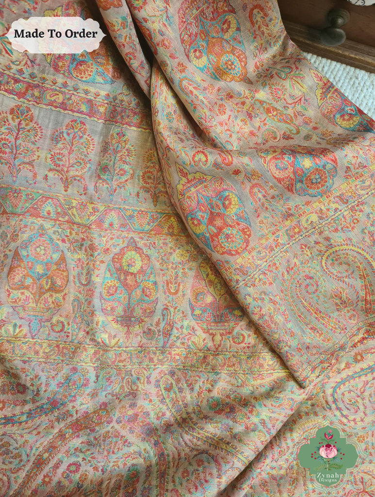 Zynah Peach Kashmiri Pure Kani Silk Jamavar Saree; Custom Stitched/Ready-made Blouse, Fall, Petticoat; SKU: 0703202501