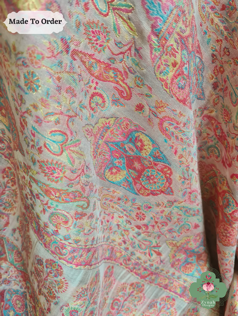 Zynah Peach Kashmiri Pure Kani Silk Jamavar Saree; Custom Stitched/Ready-made Blouse, Fall, Petticoat; SKU: 0703202501