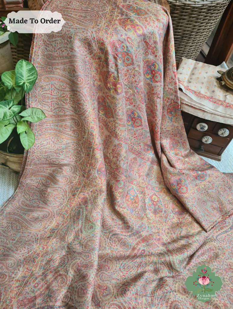 Zynah Peach Kashmiri Pure Kani Silk Jamavar Saree; Custom Stitched/Ready-made Blouse, Fall, Petticoat; SKU: 0703202501