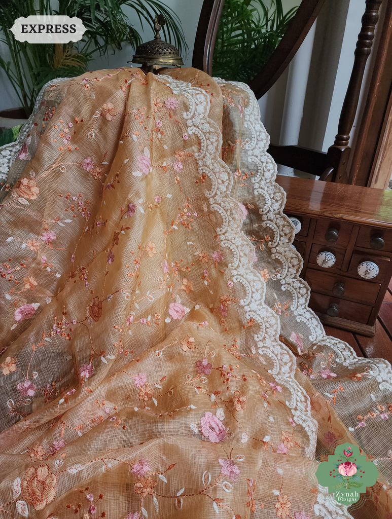 Zynah Peach Kota Tussar Silk Saree With Jaal Embroidery and Scalloped Border; Custom Stitched/Ready-made Blouse, Fall, Petticoat; SKU: 2409202401