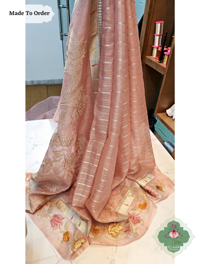 Zynah Made To Order Peach Kota Tussar Silk Saree With Embroidery; Custom Stitched/Ready-made Blouse, Fall, Petticoat; SKU: 1510202503