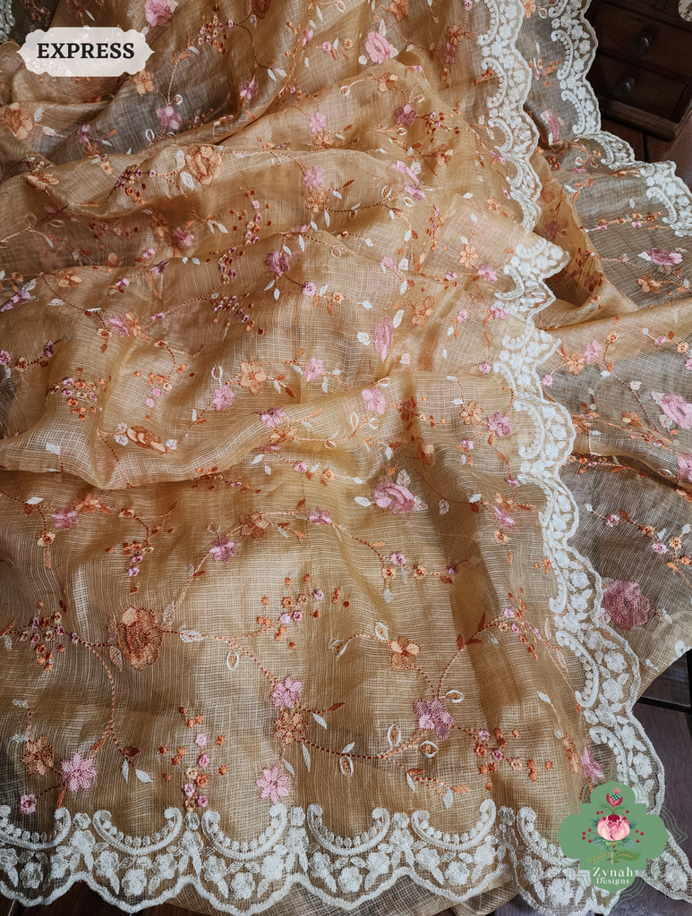 Zynah Peach Kota Tussar Silk Saree With Jaal Embroidery and Scalloped Border; Custom Stitched/Ready-made Blouse, Fall, Petticoat; SKU: 2409202401