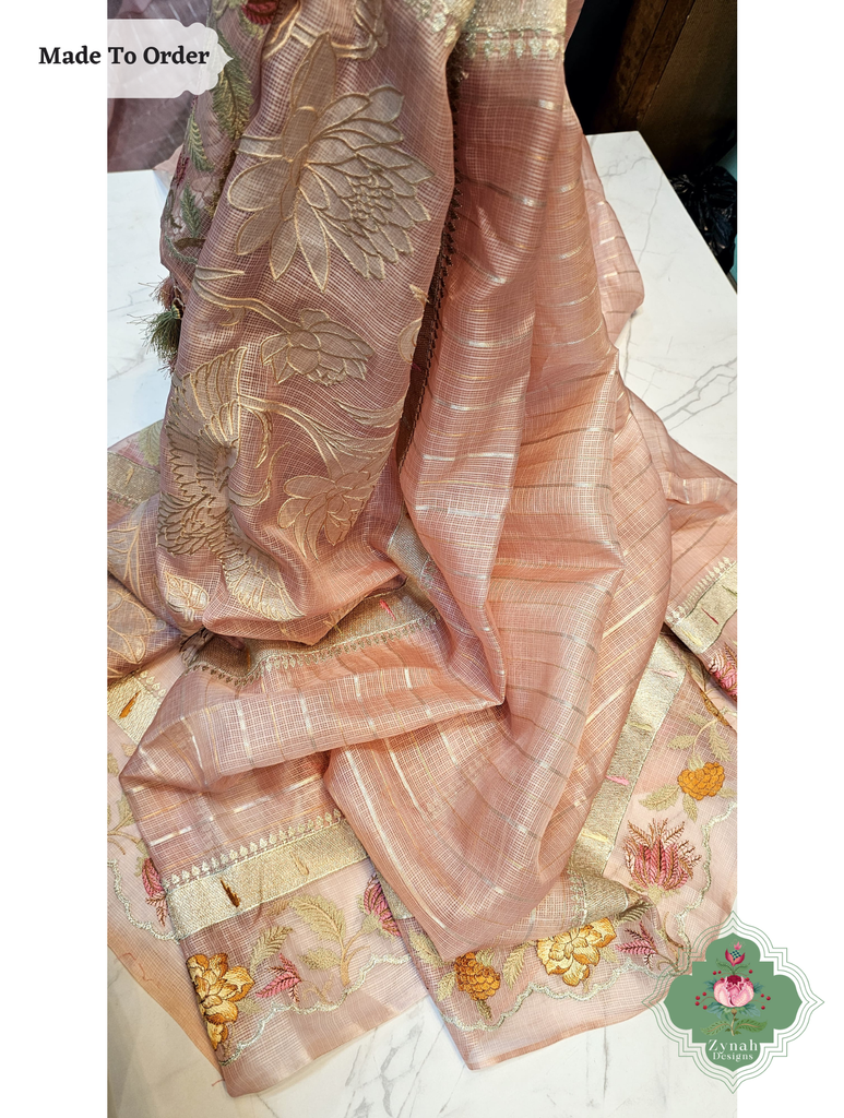 Zynah Made To Order Peach Kota Tussar Silk Saree With Embroidery; Custom Stitched/Ready-made Blouse, Fall, Petticoat; SKU: 1510202503