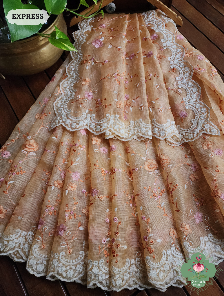 Zynah Peach Kota Tussar Silk Saree With Jaal Embroidery and Scalloped Border; Custom Stitched/Ready-made Blouse, Fall, Petticoat; SKU: 2409202401