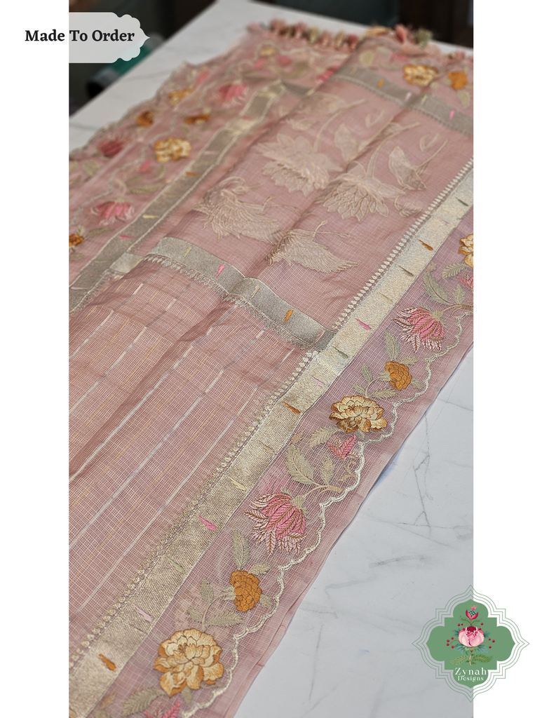 Zynah Made To Order Peach Kota Tussar Silk Saree With Embroidery; Custom Stitched/Ready-made Blouse, Fall, Petticoat; SKU: 1510202503