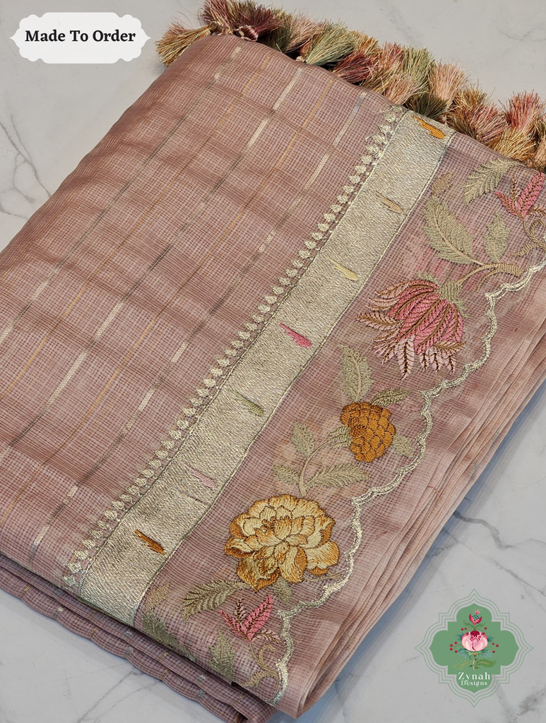 Zynah Made To Order Peach Kota Tussar Silk Saree With Embroidery; Custom Stitched/Ready-made Blouse, Fall, Petticoat; SKU: 1510202503