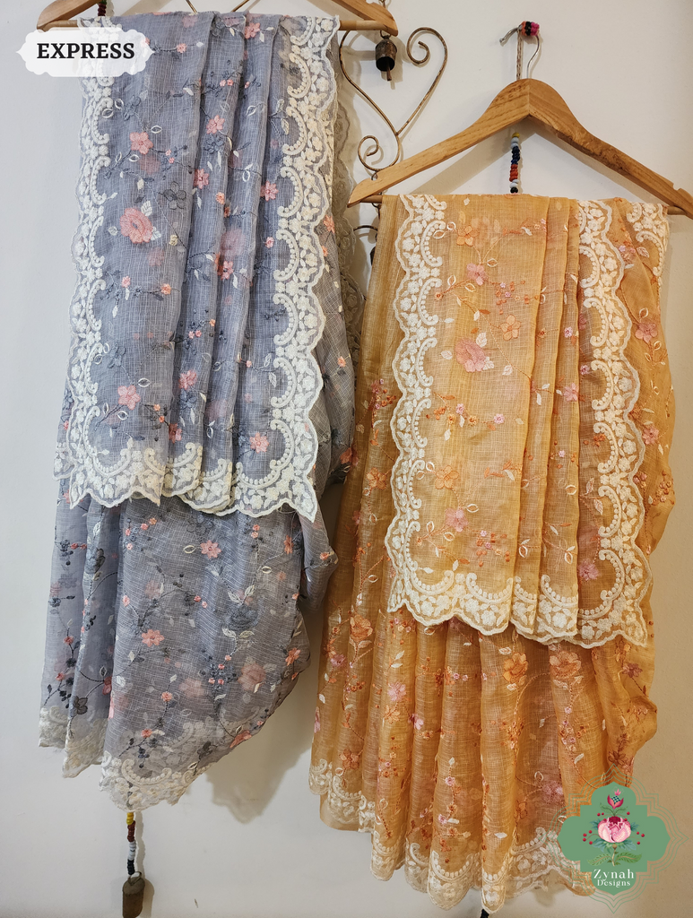 Zynah Peach Kota Tussar Silk Saree With Jaal Embroidery and Scalloped Border; Custom Stitched/Ready-made Blouse, Fall, Petticoat; SKU: 2409202401