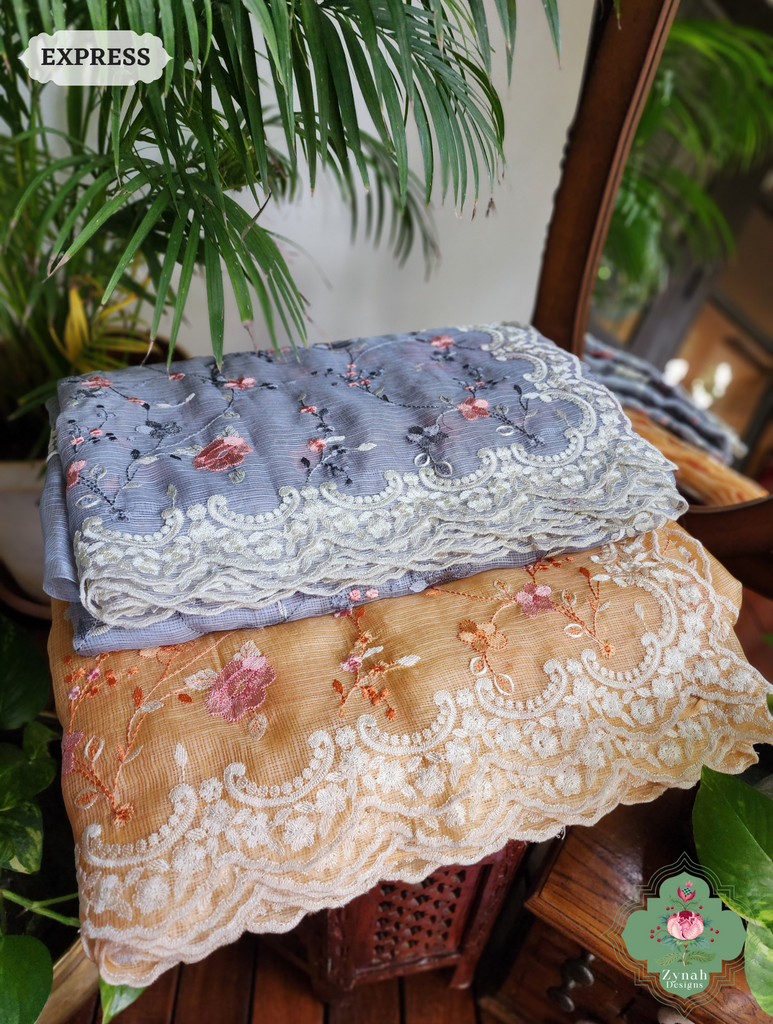 Zynah Peach Kota Tussar Silk Saree With Jaal Embroidery and Scalloped Border; Custom Stitched/Ready-made Blouse, Fall, Petticoat; SKU: 2409202401