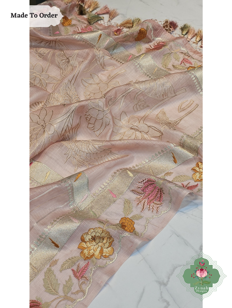 Zynah Made To Order Peach Kota Tussar Silk Saree With Embroidery; Custom Stitched/Ready-made Blouse, Fall, Petticoat; SKU: 1510202503