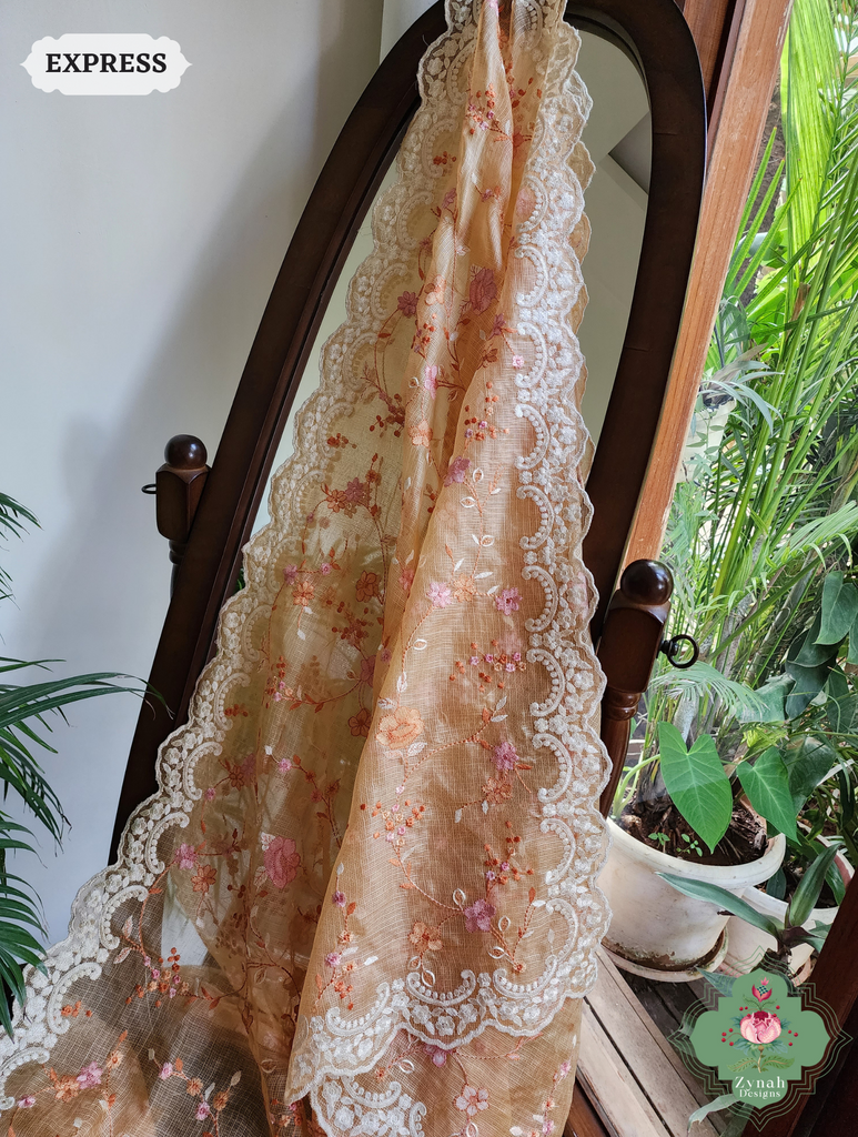 Zynah Peach Kota Tussar Silk Saree With Jaal Embroidery and Scalloped Border; Custom Stitched/Ready-made Blouse, Fall, Petticoat; SKU: 2409202401