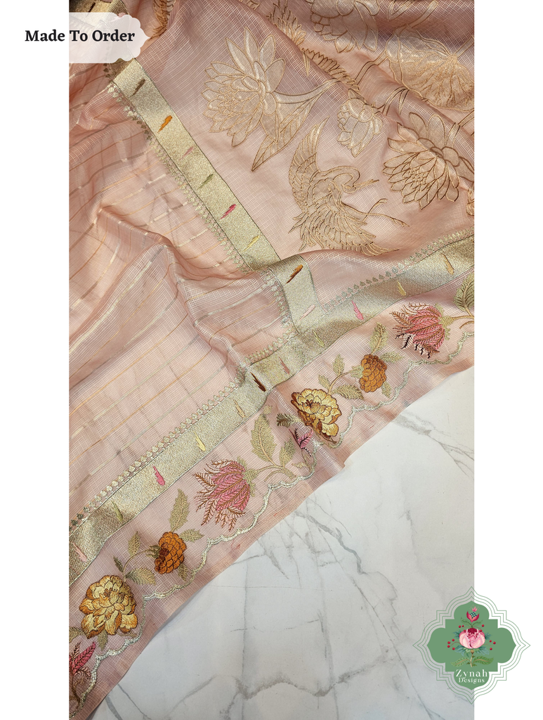 Zynah Made To Order Peach Kota Tussar Silk Saree With Embroidery; Custom Stitched/Ready-made Blouse, Fall, Petticoat; SKU: 1510202503