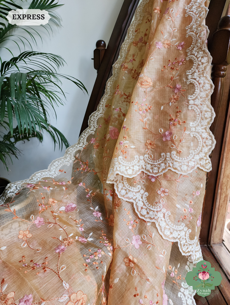 Zynah Peach Kota Tussar Silk Saree With Jaal Embroidery and Scalloped Border; Custom Stitched/Ready-made Blouse, Fall, Petticoat; SKU: 2409202401