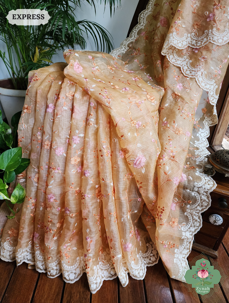 Zynah Peach Kota Tussar Silk Saree With Jaal Embroidery and Scalloped Border; Custom Stitched/Ready-made Blouse, Fall, Petticoat; SKU: 2409202401