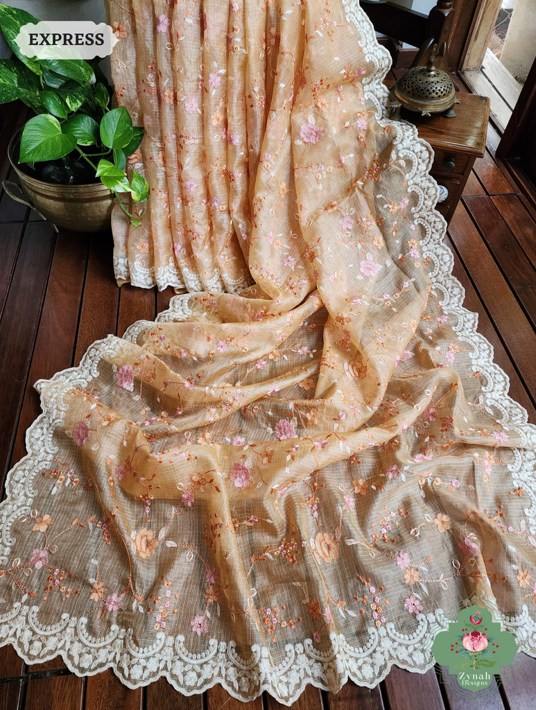 Zynah Peach Kota Tussar Silk Saree With Jaal Embroidery and Scalloped Border; Custom Stitched/Ready-made Blouse, Fall, Petticoat; SKU: 2409202401