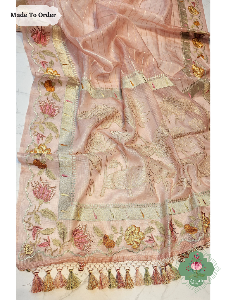 Zynah Made To Order Peach Kota Tussar Silk Saree With Embroidery; Custom Stitched/Ready-made Blouse, Fall, Petticoat; SKU: 1510202503