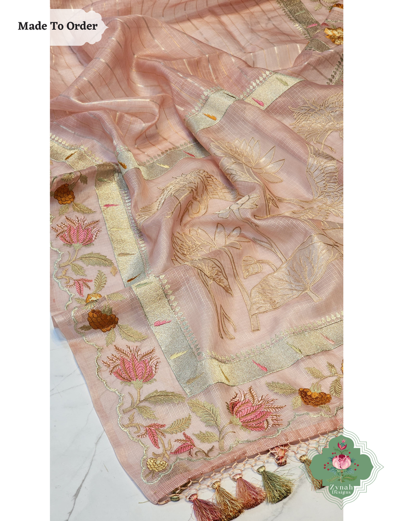 Zynah Made To Order Peach Kota Tussar Silk Saree With Embroidery; Custom Stitched/Ready-made Blouse, Fall, Petticoat; SKU: 1510202503