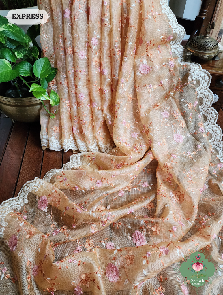 Zynah Peach Kota Tussar Silk Saree With Jaal Embroidery and Scalloped Border; Custom Stitched/Ready-made Blouse, Fall, Petticoat; SKU: 2409202401