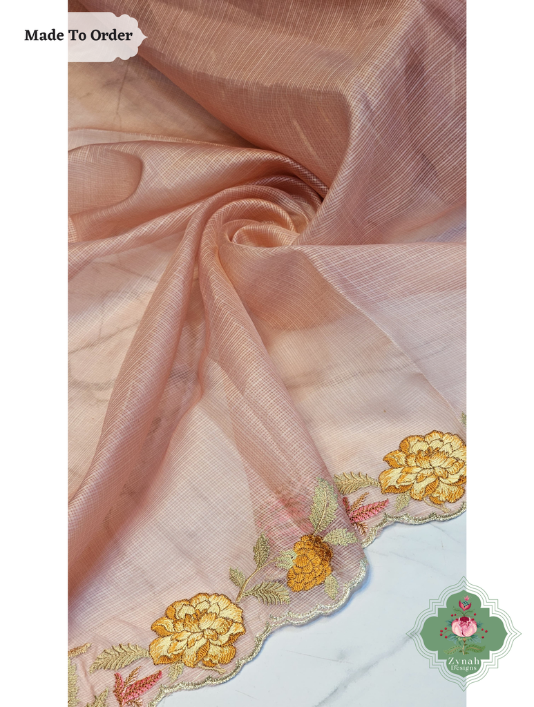 Zynah Made To Order Peach Kota Tussar Silk Saree With Embroidery; Custom Stitched/Ready-made Blouse, Fall, Petticoat; SKU: 1510202503