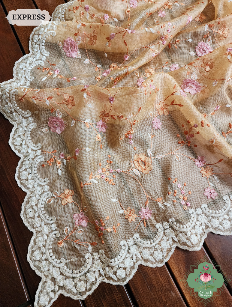Zynah Peach Kota Tussar Silk Saree With Jaal Embroidery and Scalloped Border; Custom Stitched/Ready-made Blouse, Fall, Petticoat; SKU: 2409202401