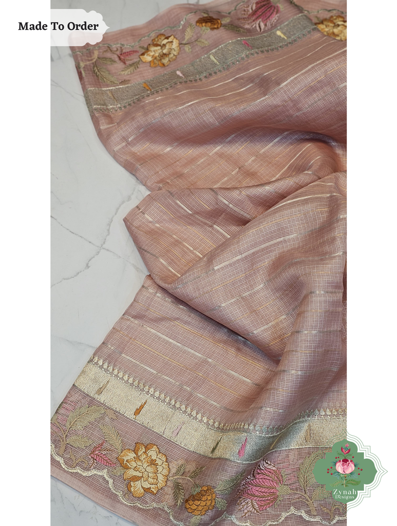 Zynah Made To Order Peach Kota Tussar Silk Saree With Embroidery; Custom Stitched/Ready-made Blouse, Fall, Petticoat; SKU: 1510202503
