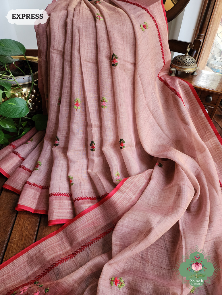 Peach Linen Tissue Saree With Frenchknot Hand Embroidery 3