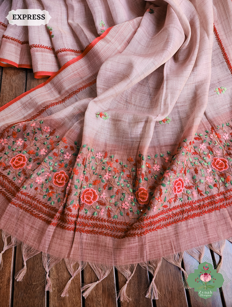 Peach Linen Tissue Saree With Frenchknot Hand Embroidery 4