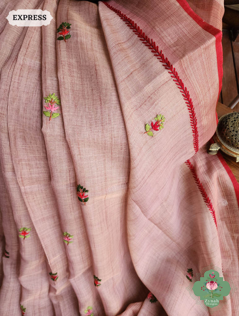Peach Linen Tissue Saree With Frenchknot Hand Embroidery 6