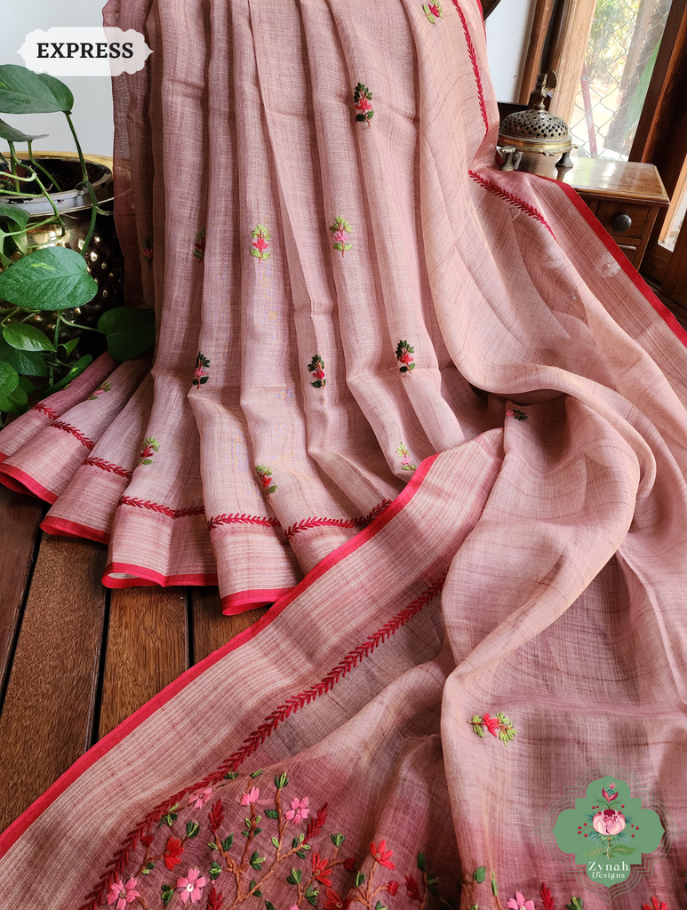 Peach Linen Tissue Saree With Frenchknot Hand Embroidery 5