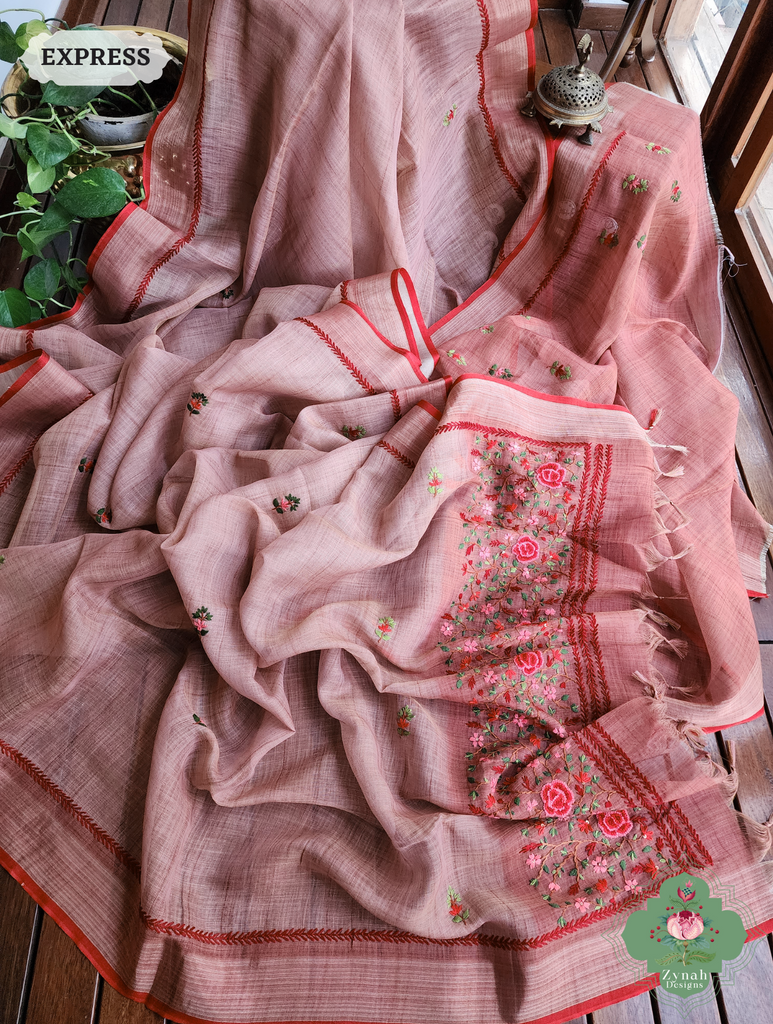 Peach Linen Tissue Saree With Frenchknot Hand Embroidery 7