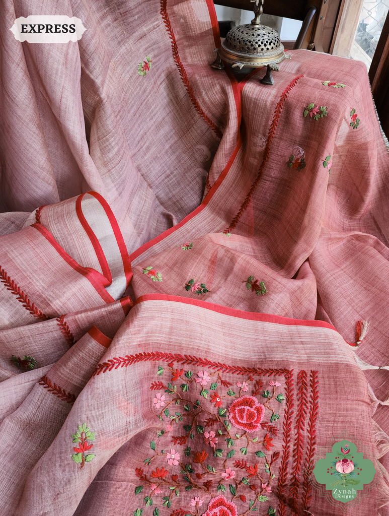 Peach Linen Tissue Saree With Frenchknot Hand Embroidery 8