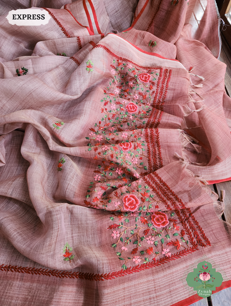 Peach Linen Tissue Saree With Frenchknot Hand Embroidery 9