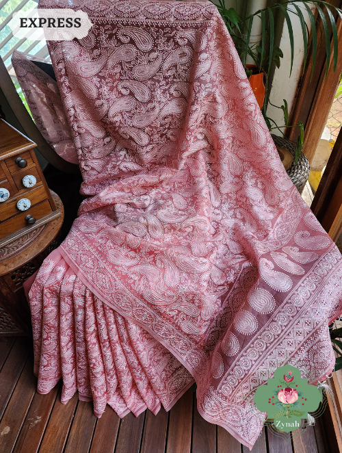 Zynah Dusty Peach Pure Organza Silk Chikankari Saree With All Over Paisley Embroidery; Custom Stitched/Ready-made Blouse, Fall, Petticoat; SKU: 2205202301