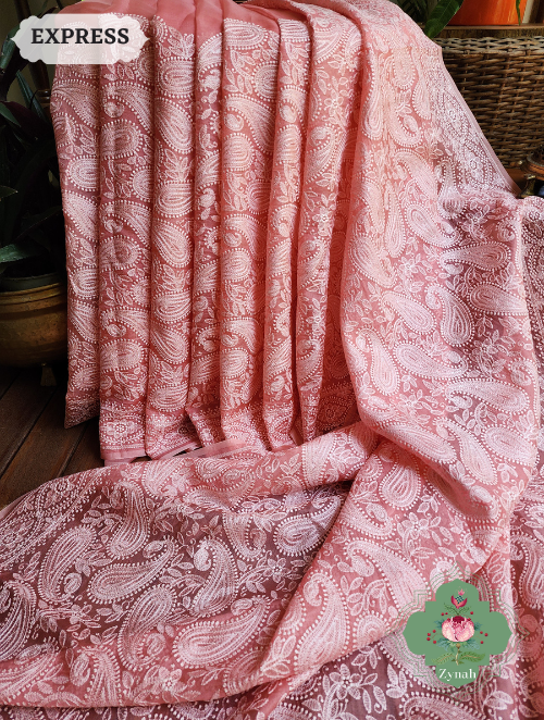 Zynah Dusty Peach Pure Organza Silk Chikankari Saree With All Over Paisley Embroidery; Custom Stitched/Ready-made Blouse, Fall, Petticoat; SKU: 2205202301