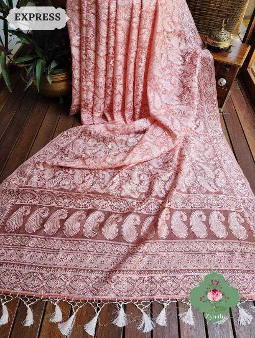 Zynah Dusty Peach Pure Organza Silk Chikankari Saree With All Over Paisley Embroidery; Custom Stitched/Ready-made Blouse, Fall, Petticoat; SKU: 2205202301