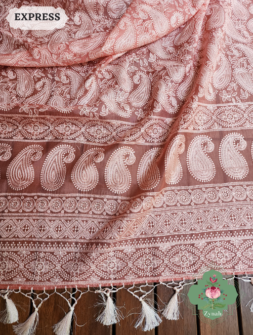 Zynah Dusty Peach Pure Organza Silk Chikankari Saree With All Over Paisley Embroidery; Custom Stitched/Ready-made Blouse, Fall, Petticoat; SKU: 2205202301