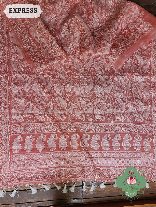 Zynah Dusty Peach Pure Organza Silk Chikankari Saree With All Over Paisley Embroidery; Custom Stitched/Ready-made Blouse, Fall, Petticoat; SKU: 2205202301