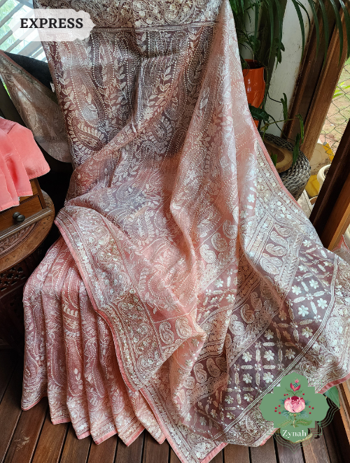 Zynah Peach Hand-Dyed Shaded Organza Chikankari Saree With Beautiful Paisleys; Custom Stitched/Ready-made Blouse, Fall, Petticoat; SKU: 2205202302