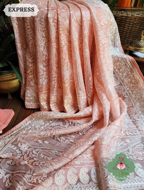 Zynah Peach Hand-Dyed Shaded Organza Chikankari Saree With Beautiful Paisleys; Custom Stitched/Ready-made Blouse, Fall, Petticoat; SKU: 2205202302