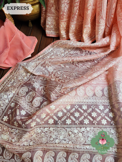 Zynah Peach Hand-Dyed Shaded Organza Chikankari Saree With Beautiful Paisleys; Custom Stitched/Ready-made Blouse, Fall, Petticoat; SKU: 2205202302