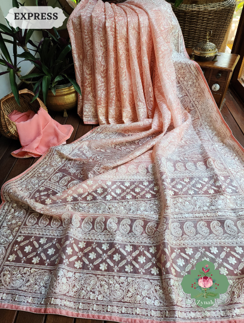 Zynah Peach Hand-Dyed Shaded Organza Chikankari Saree With Beautiful Paisleys; Custom Stitched/Ready-made Blouse, Fall, Petticoat; SKU: 2205202302