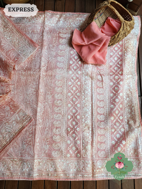 Zynah Peach Hand-Dyed Shaded Organza Chikankari Saree With Beautiful Paisleys; Custom Stitched/Ready-made Blouse, Fall, Petticoat; SKU: 2205202302