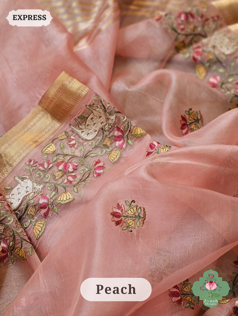 Zynah Off White Pure Organza Silk Saree With Pichwai Embroidery & Multicolor Tassels On Pallu; Custom Stitched/Ready-made Blouse, Fall, Petticoat; SKU: 2711202303