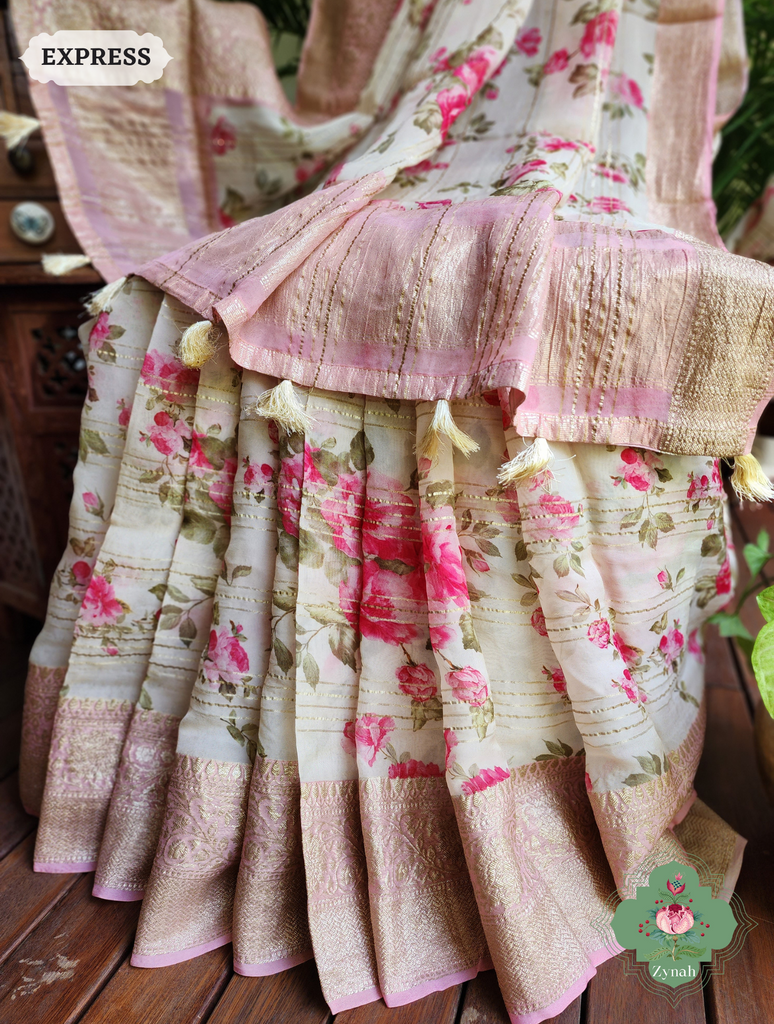 Zynah Peach Organza Satin Silk Saree With Zari Border & Zari Stripes & English Garden Print Print; Custom Stitched/Ready-made Blouse, Fall, Petticoat; SKU: 2306202304