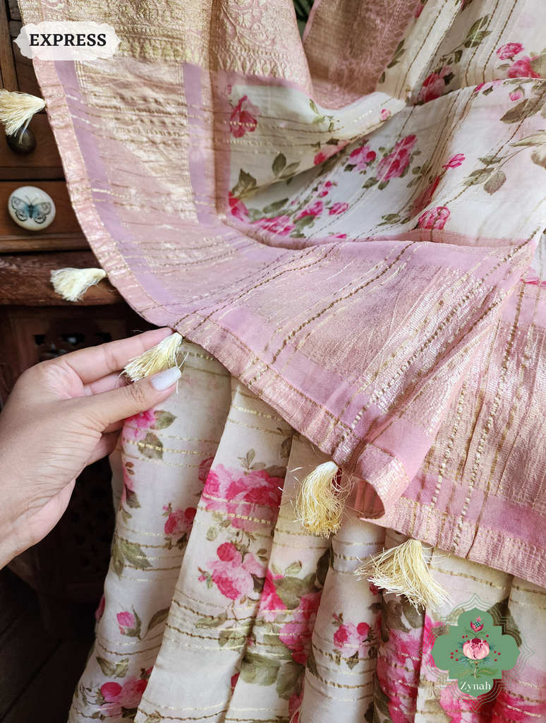 Zynah Peach Organza Satin Silk Saree With Zari Border & Zari Stripes & English Garden Print Print; Custom Stitched/Ready-made Blouse, Fall, Petticoat; SKU: 2306202304