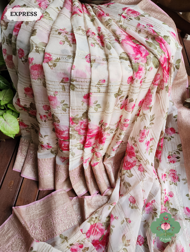 Zynah Peach Organza Satin Silk Saree With Zari Border & Zari Stripes & English Garden Print Print; Custom Stitched/Ready-made Blouse, Fall, Petticoat; SKU: 2306202304