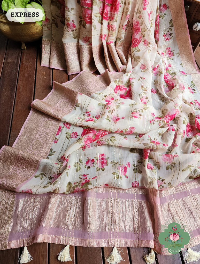 Zynah Peach Organza Satin Silk Saree With Zari Border & Zari Stripes & English Garden Print Print; Custom Stitched/Ready-made Blouse, Fall, Petticoat; SKU: 2306202304