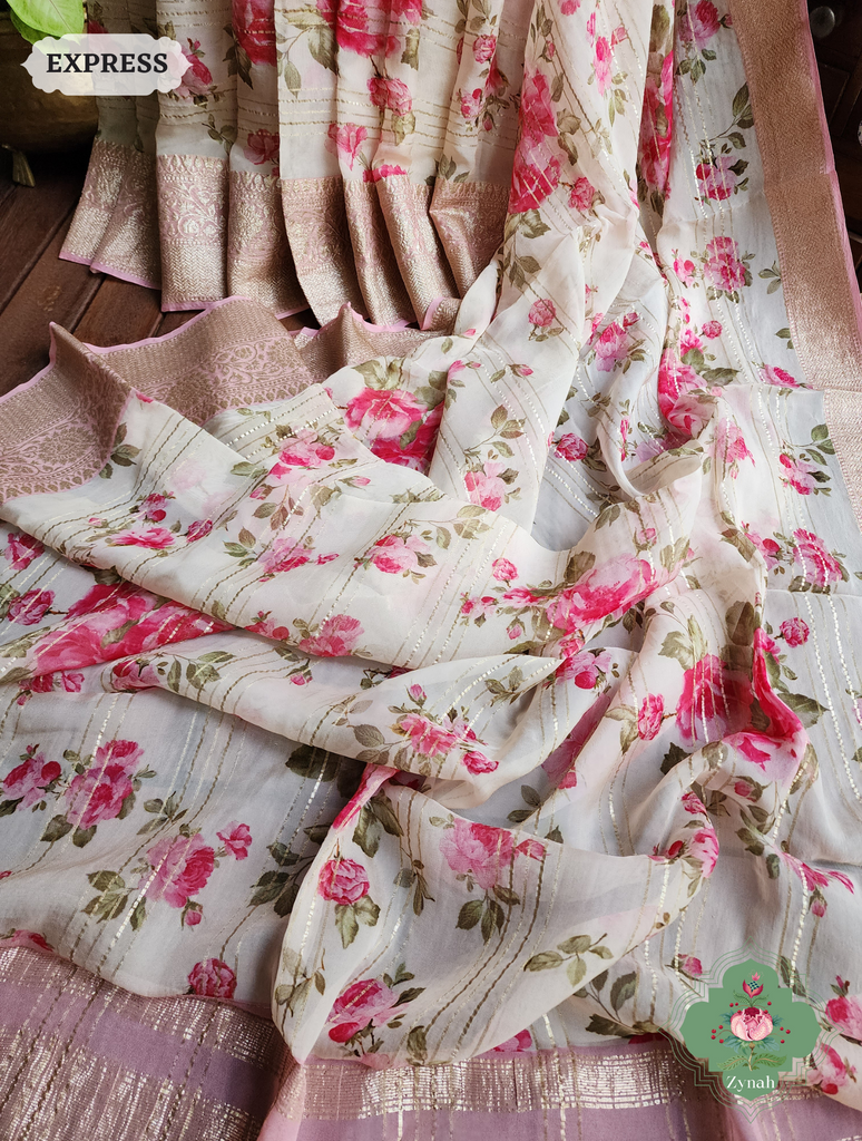 Zynah Peach Organza Satin Silk Saree With Zari Border & Zari Stripes & English Garden Print Print; Custom Stitched/Ready-made Blouse, Fall, Petticoat; SKU: 2306202304