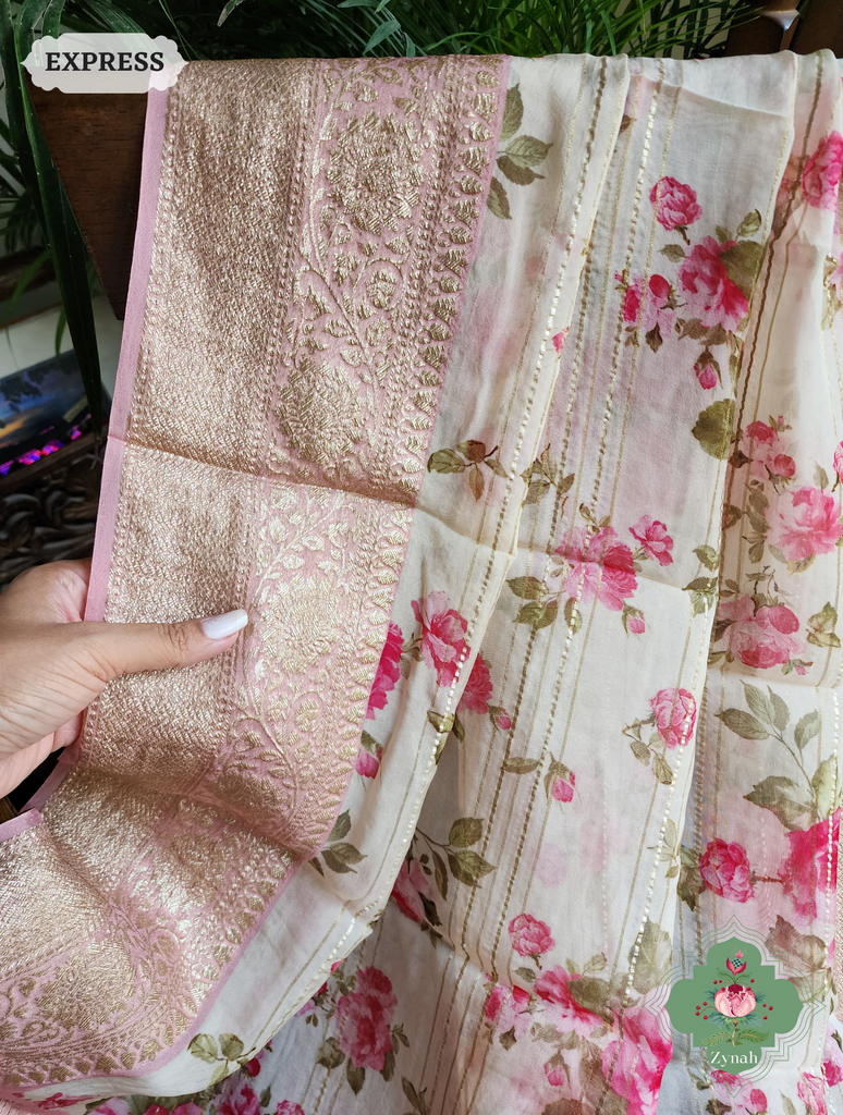 Zynah Peach Organza Satin Silk Saree With Zari Border & Zari Stripes & English Garden Print Print; Custom Stitched/Ready-made Blouse, Fall, Petticoat; SKU: 2306202304